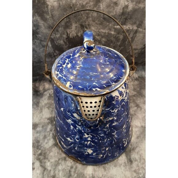 Vintage Blue & White Swirl Graniteware Coffee Pot With Handle & Lid - Picture 5 of 7